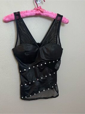 Y2K Lover’s Lane Black Faux Leather Mesh Rhinestone Club Tank Top Sz S biker